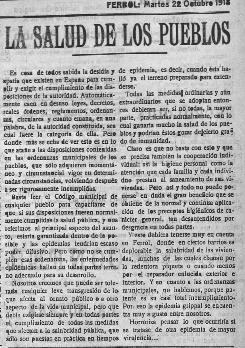 Recorte de "El Correo Gallego" do martes, 22 de outubro de 1918.